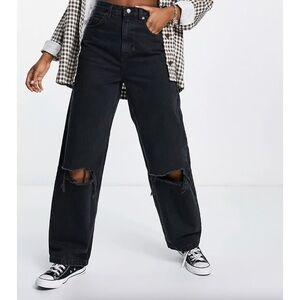 Topshop Baggy Black Jeans with Ripped Knees in Black